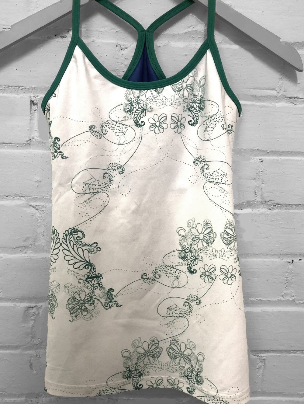 Vintage LULULEMON Power Y Tankwhite in a rare green floral logo print